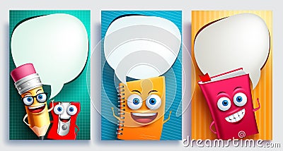 Education characters vector poster set with empty white speech bubbles Vector Illustration