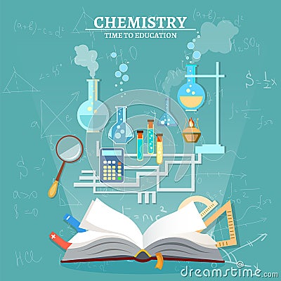 Education chemistry lesson open book test tube Vector Illustration