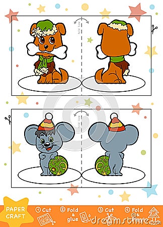 Education Christmas Paper Crafts for children, Dog and Mouse Vector Illustration