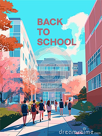 Education. College or school building with students going to lectures Vector Illustration