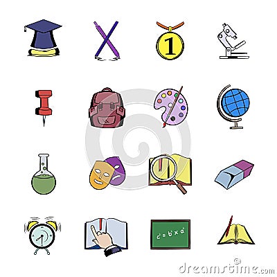 Education comics icons set cartoon Vector Illustration