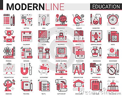 Education complex concept flat line icon vector set with outline infographic school, laboratory or university Vector Illustration