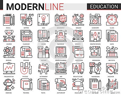 Education complex concept thin red black line icon vector set with outline infographic school, laboratory or university Vector Illustration