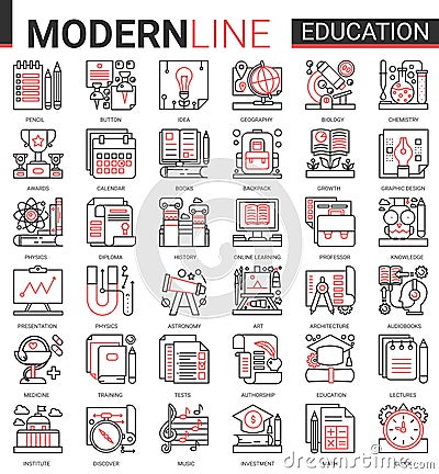 Education complex concept thin red black line icon vector set with outline infographic school, laboratory or university Vector Illustration
