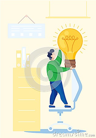 Education concept about back to school icons. A man holding a glowing light bulb. New idea Stock Photo