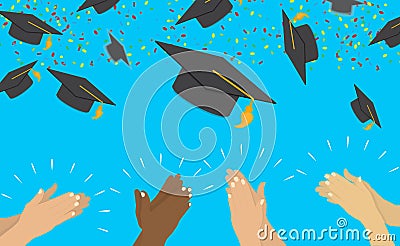 Education Concept Background. Graduation caps and confetti. vector illustration Vector Illustration