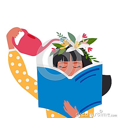 Education concept. The girl is reading a book improving her mental abilities. Mental health of a woman in a meditative state. Vector Illustration