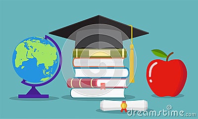 Education concept. Graduate hat, globe, books Vector Illustration