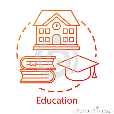 Education concept icon. Knowledge transfer. Teaching, learning skills. School building, books, graduation cap idea thin Vector Illustration