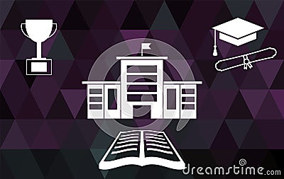 College building with education icons. Book, diploma, cap, trophy cup. University building symbol. Vector Illustration