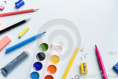 Education concept. School or student. Back to school. Items for the school on a blue table Stock Photo
