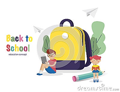 Education concept. Schoolchild read books near School backpack.Back to School Background. Vector Illustration Vector Illustration