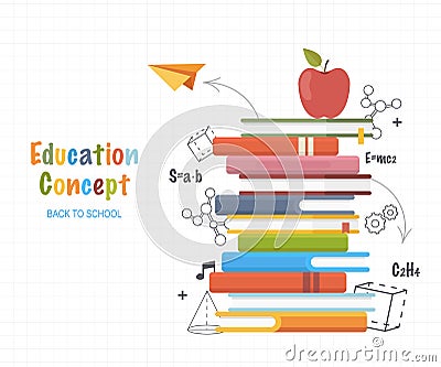 Education concept . Stack books with doodles line drawing formulas and geometric shapes.Back to School Background. Vector Illustra Vector Illustration