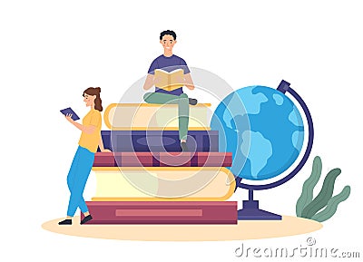 Education concept, student sitting in pile on book and globe Vector Illustration