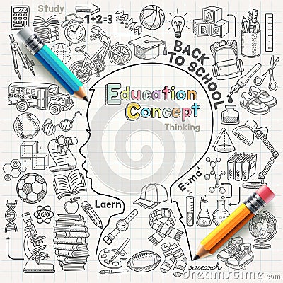 Education concept thinking doodles icons set. Vector Illustration