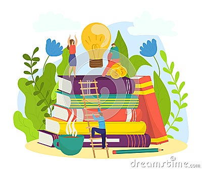 Education concept, vector illustration. People man woman character get knowledge from book, study for cartoon idea Vector Illustration