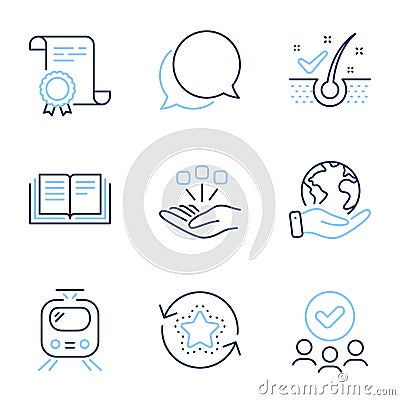 Education, Consolidation and Train icons set. Anti-dandruff flakes, Loyalty points and Chat message signs. Vector Vector Illustration