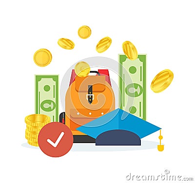 Education cost concept. Invest money in education, study cash. Vector Illustration