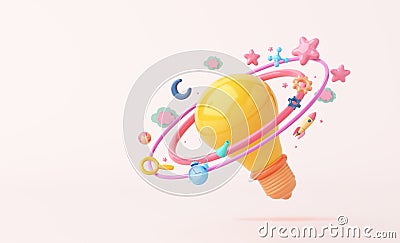 Education or creative kids light bulb space saturn ring orbit connected world technology pink pastel. Globalization internet. Cartoon Illustration