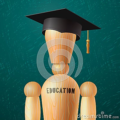 Education design, wooden dummy in the mortarboard Vector Illustration