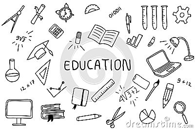 Education doodle art with text banner on the middle with black and white color Cartoon Illustration