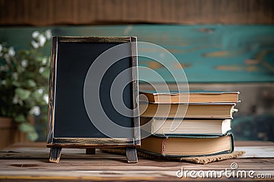 Education essentials small chalkboard with a stack of books concept Stock Photo