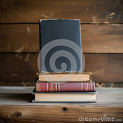 Education essentials small chalkboard with a stack of books concept Stock Photo