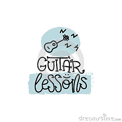 Education and Evaluation Concept. Hand writing logo lessons guitar on white paper. View from above. Vector Vector Illustration