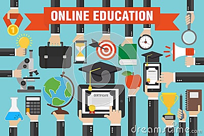 Flat design concepts online education, e-learning with laptop, smartphone Vector Illustration