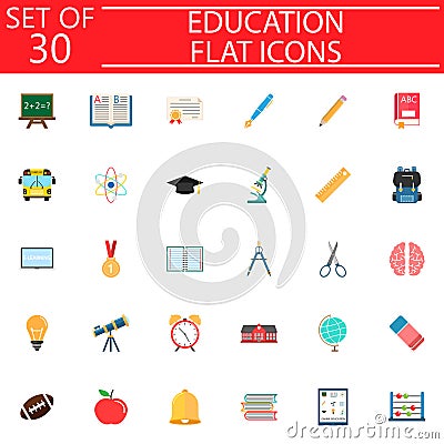 Education flat icon set School symbols collection, logo illustrations, colorful solid isolated on white background. Vector Illustration