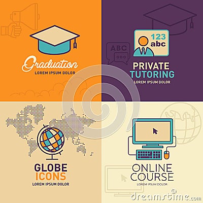 Education Flat Icons, graduation cap, teacher, globe with world map, online education icon Vector Illustration