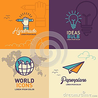 Education flat Icons, hand holding pencil icon, light bulb icon, world icon, paper plane icon Vector Illustration