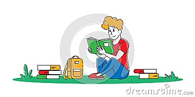 Education Gaining Knowledge Concept. Young Man Student Character Sitting with Books Learning Homework Vector Illustration