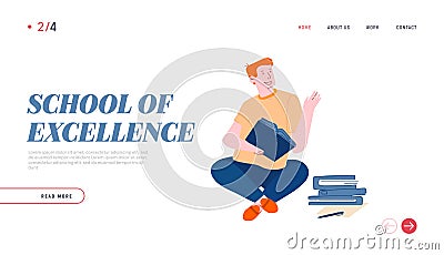 Education and Gaining Knowledge Website Landing Page. Young Man Student Sitting with Books Learning Homework Vector Illustration