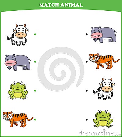 Education game for children connect the same picture of cute cartoon wild animal cow hippopotamus frog tiger Vector Illustration