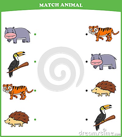 Education game for children connect the same picture of cute cartoon wild animal hippopotamus toucan tiger hedgehog Vector Illustration