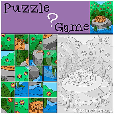 Education game: Puzzle. Little cute viper on the stone Vector Illustration