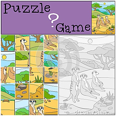 Education game: Puzzle. Three little cute meerkats. Vector Illustration