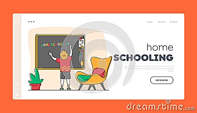 Education and Getting Knowledge at Home Landing Page Template. Schoolboy Character Write Word Homeschooling Vector Illustration