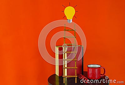 Education gives orientation,books,light bulb and ladder of success.Learning,knowledge,humanism, fight against fake news concept, Stock Photo