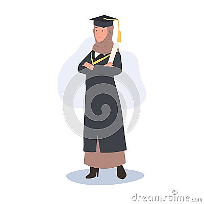 education, graduation and people concept. Confident Muslim woman Graduate in Cap and Gown Vector Illustration