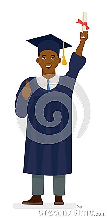 Education, graduation and people concept - happy african american student in mortar boards and bachelor gowns with Vector Illustration