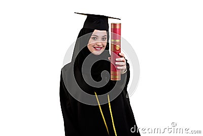 Education, graduation and people concept - muslim woman in hijab with diploma over white background Stock Photo