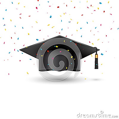 Education graduation university cup on white background. Success academic student hat for ceremony confetti school achievement Vector Illustration