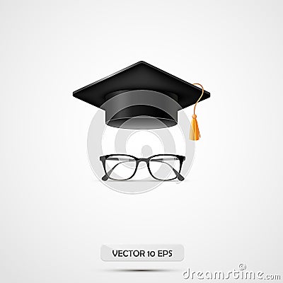 Education hat and eyeglasses. Vector illustration. White background. Graduate cup. Cartoon Illustration