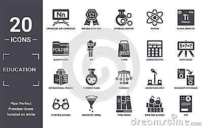 education icon set. include creative elements as uppercase and lowercase letter, is an element of, adding machine, swinging, Vector Illustration