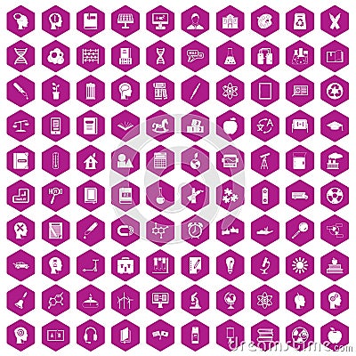 100 education icons hexagon violet Vector Illustration