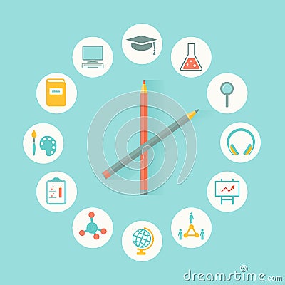 Education Icons Infographics Flat Design. Education, Curriculum Concept Stock Photo