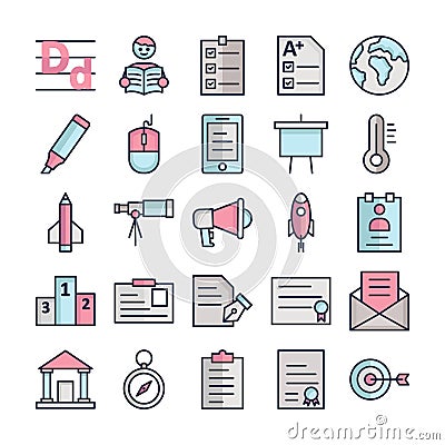 Education Icons pack consist with Alphabets writing, Learner, Agenda, Documentation, Earth globe, Felt pen, Computer mouse, Elea Vector Illustration