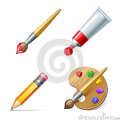 Education icons. Pencil, palette, paint tube and brush with pai Vector Illustration